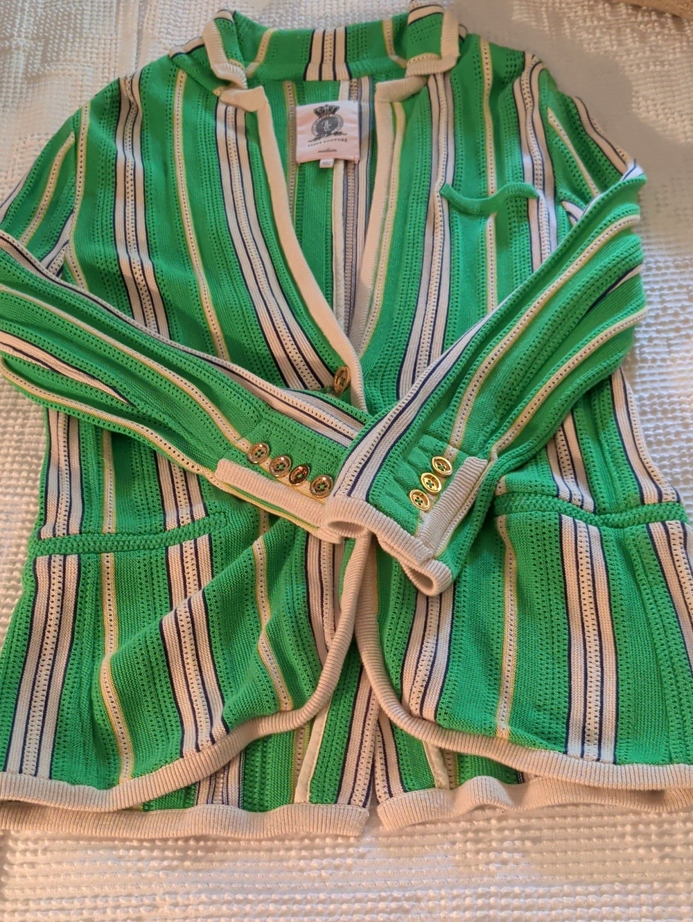 Juicy Couture Green Striped Open-Knit Sweater Cardigan